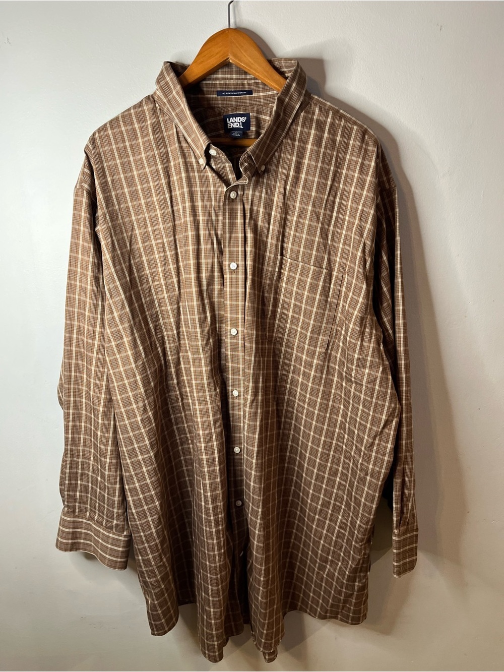 Big/Tall Shirt Lands' End Men's Tan Brown Plaid Traditional Fit Button-Down